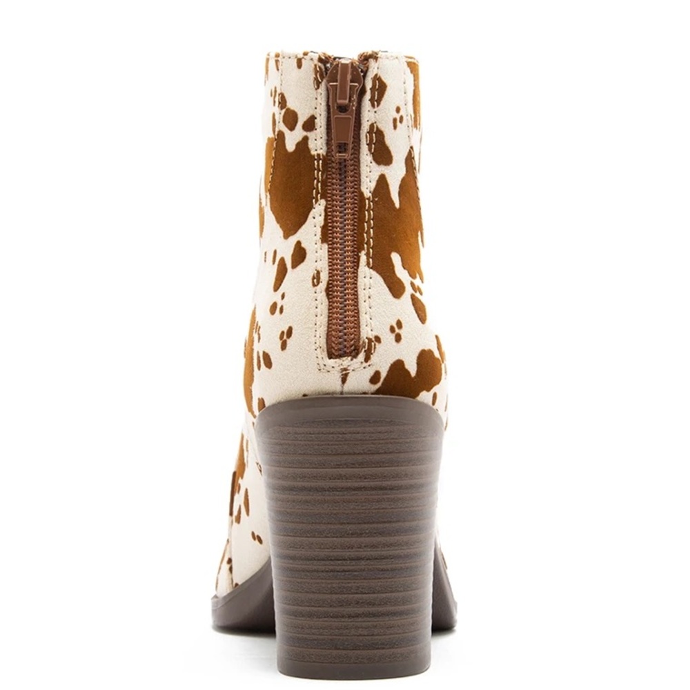 Qupid Cow Print Western Pointed Toe Brown Bootie - Picture 5 of 8